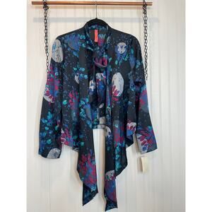 NWT Lord & Taylor Eight Sixty Blue Floral Secretary Bow Long Sleeve Top Size M